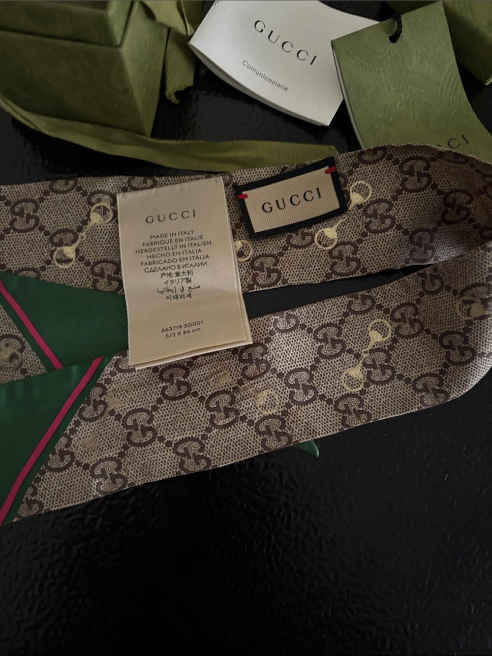 Gucci Beige GG Monogram Silk Twilly with Green and Pink Trim - Picture 3 of 4